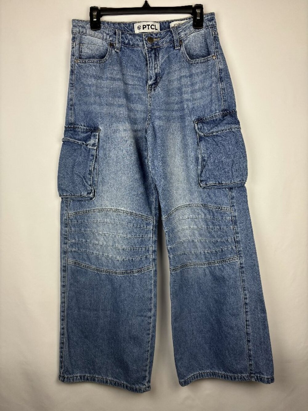 28 PTCL Wide Leg Jean Straight Medium Blue Denim Wash Cargo Thick Stitch Pant